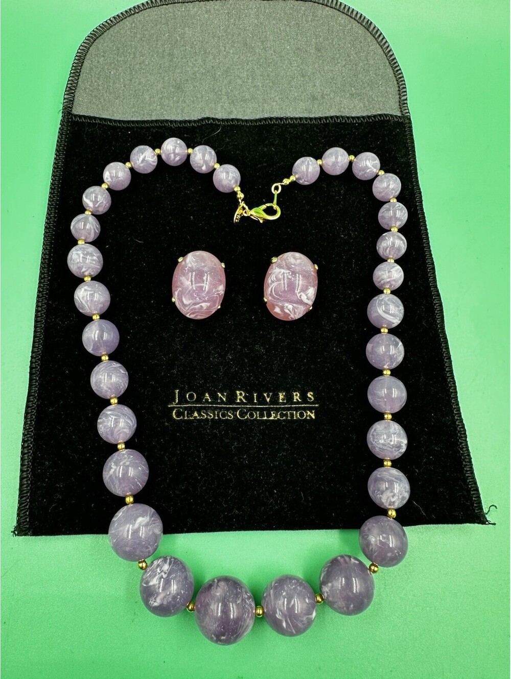 Vintage Joan Rivers Lucite Amethyst Color  Beads Necklace with Earrings Set 20”